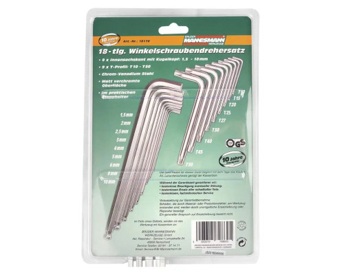 Купить Набор ключей Torx+шестигранных ключей L типа Mannesman; 18 шт